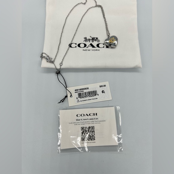 Coach Signature Heart Locket Silver Necklace New - Picture 3 of 7
